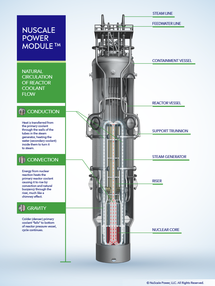 NuScale Power opracowała nową, modułową elektrownię jądrową z reaktorem lekkowodnym, która dostarcza energię do wytwarzania energii elektrycznej, ciepłownictwa, odsalania, produkcji wodoru i innych zastosowań związanych z ciepłem procesowym. Ten przełomowy projekt małego reaktora modułowego (SMR) zawiera w pełni fabrykowany moduł NuScale Power Module™ zdolny do generowania 77 MW energii elektrycznej przy użyciu bezpieczniejszej, mniejszej i skalowalnej wersji technologii reaktora ciśnieniowego. Skalowalna konstrukcja NuScale — elektrownie, które mogą pomieścić do czterech, sześciu lub 12 pojedynczych modułów zasilania — oferuje korzyści płynące z energii bezemisyjnej i zmniejsza zobowiązania finansowe związane z obiektami jądrowymi o wielkości gigawatów.