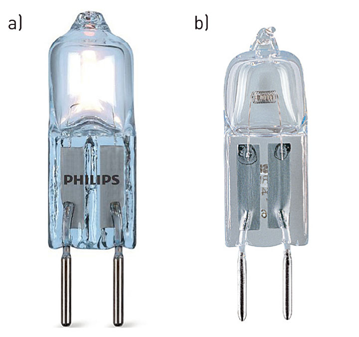 Niskonapięciowe źr&oacute;dła halogenowe bez reflektora: a) Philips Eco- Halo Caps 12 V, b) Halostar
