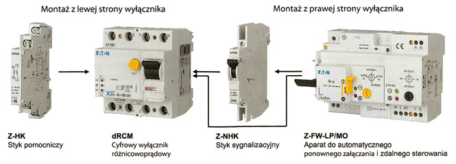 Wyłączniki dRCM mogą być wyposażone w akcesoria pomocnicze do realizacji sygnalizacji stanu styk&oacute;w, przyczyny wyzwolenia oraz do automatycznego załączania po zadziałaniu i zdalnego sterowania