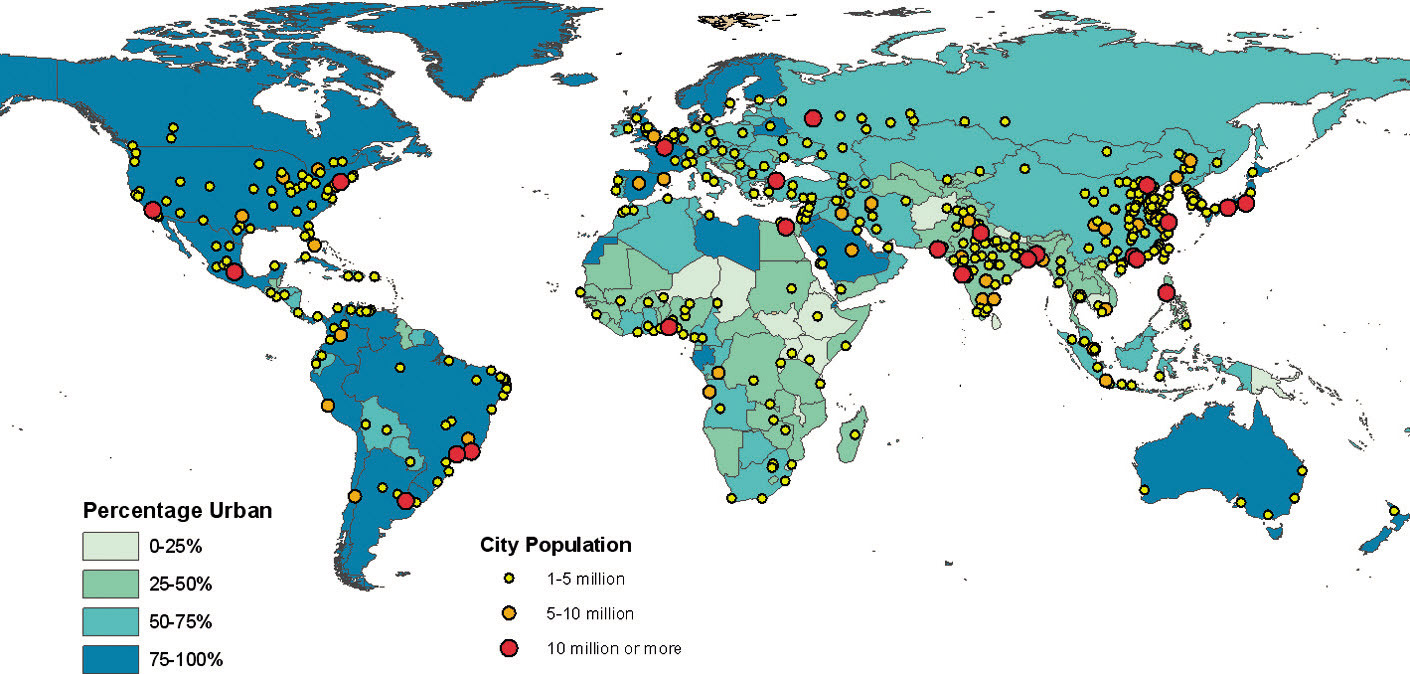 Stopień urbanizacji i wielkość zaludnienia w aglomeracjach, 2011 (Źr&oacute;dło: United Nations, 2012)