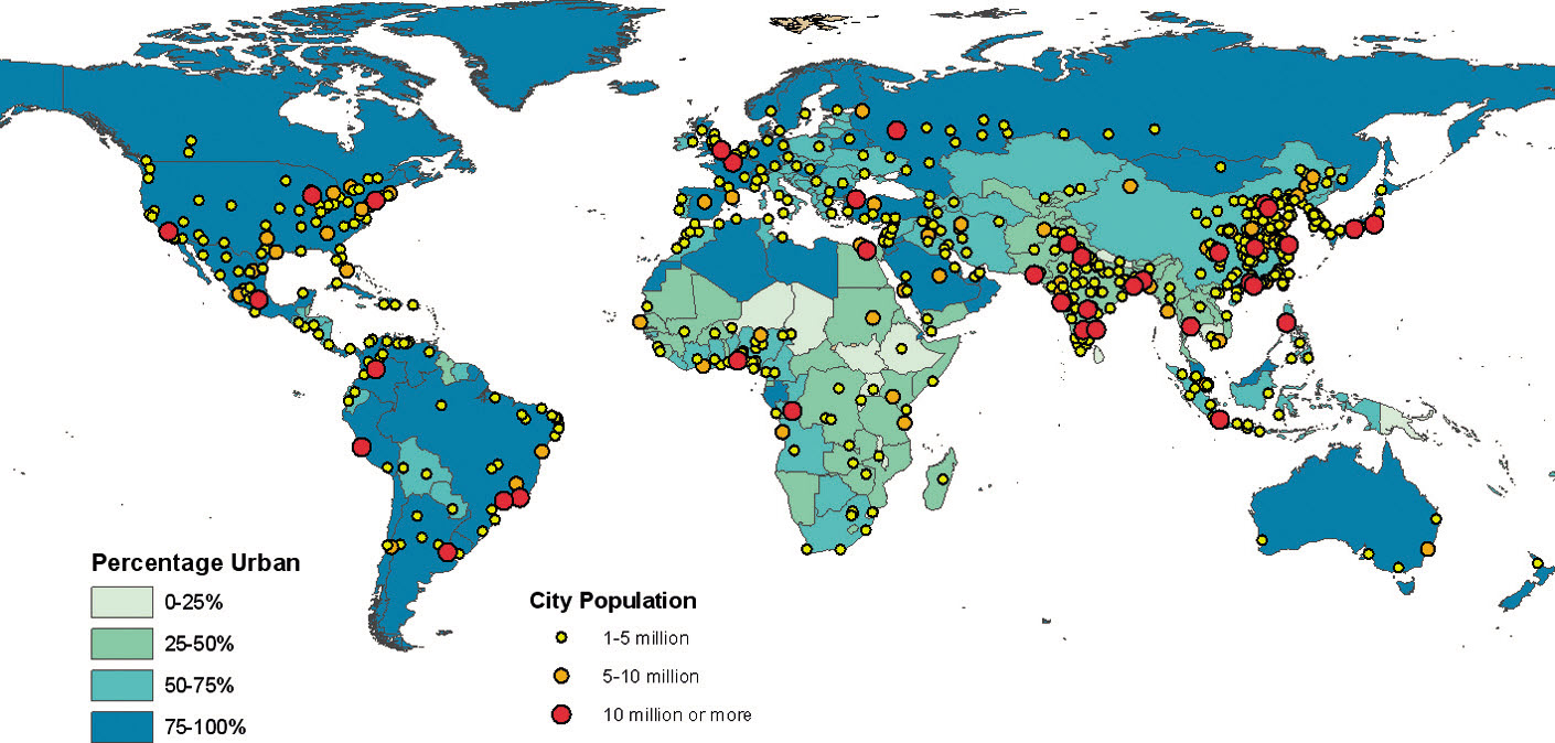 Stopień urbanizacji i wielkość zaludnienia w aglomeracjach, 2025 (Źr&oacute;dło: United Nations, 2012)