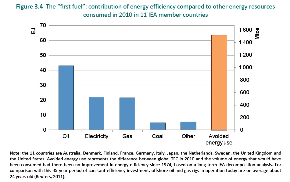 Miejsce efektywności energetycznej w por&oacute;wnaniu do innych źr&oacute;deł energii zużytej w 2010 roku w 11 analizowanych krajach. Źr&oacute;dło: iea.org