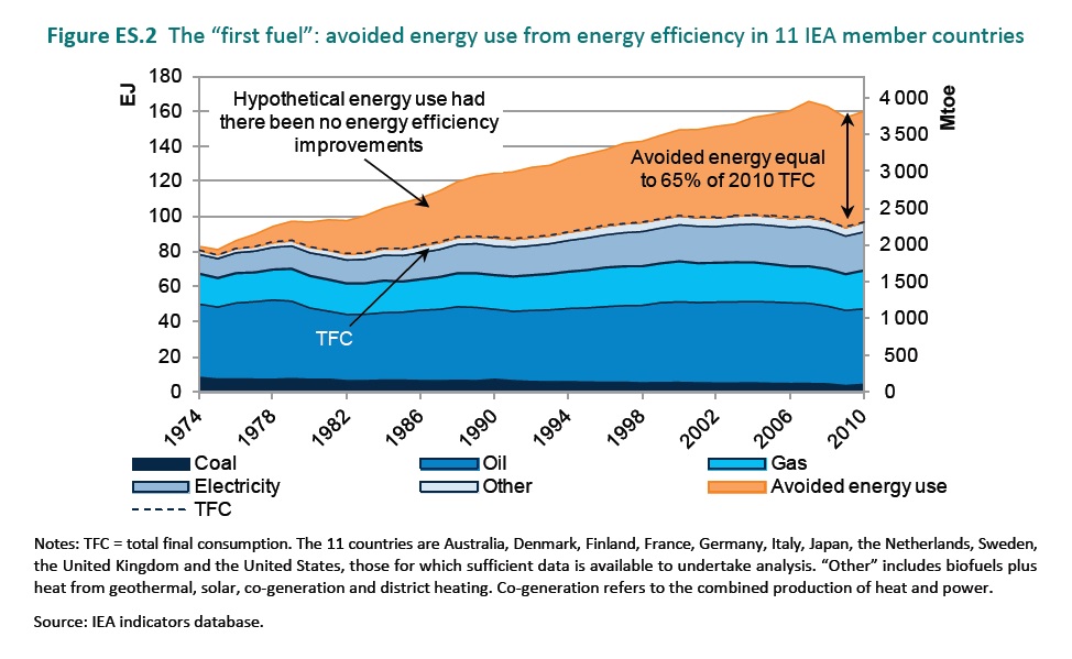 Mniejsze zużycie energii dzięki efektywności energetycznej w 11 krajach. Źr&oacute;dło: iea.org