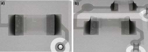 Fig. 6. X-ray images of a resistor: a) view from the top, b) view at an angle of 45&deg;
