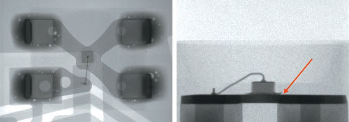 Fig. 7. X-ray images of a LED : a) view from the top, b) view at an angle of 90&deg;