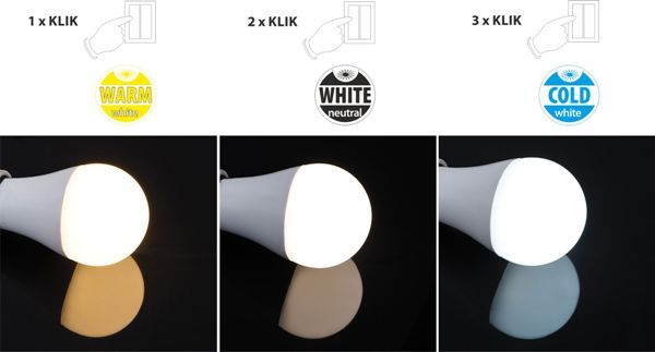 Żarówki LED TRIColor wykorzystują zanik napięcia do określenia wyboru funkcji i zmiany barwy światła. Żarówki LED TRIColor wykorzystują zanik napięcia do określenia wyboru funkcji i zmiany barwy światła.