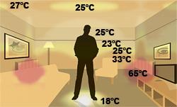 Promieniowanie cieplne z tradycyjnego systemu ogrzewania wyposażonego w kaloryfery. Wysokie wahania temperatury (18-65°C) w pomieszczeniu. Promieniowanie cieplne z tradycyjnego systemu ogrzewania wyposażonego w kaloryfery. Wysokie wahania temperatury (18-65°C) w pomieszczeniu.