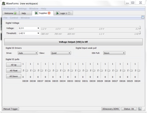 fot. 3 Ekran konfiguracji wejść/wyjść cyfrowych Digital Discovery w programie WaveForms.