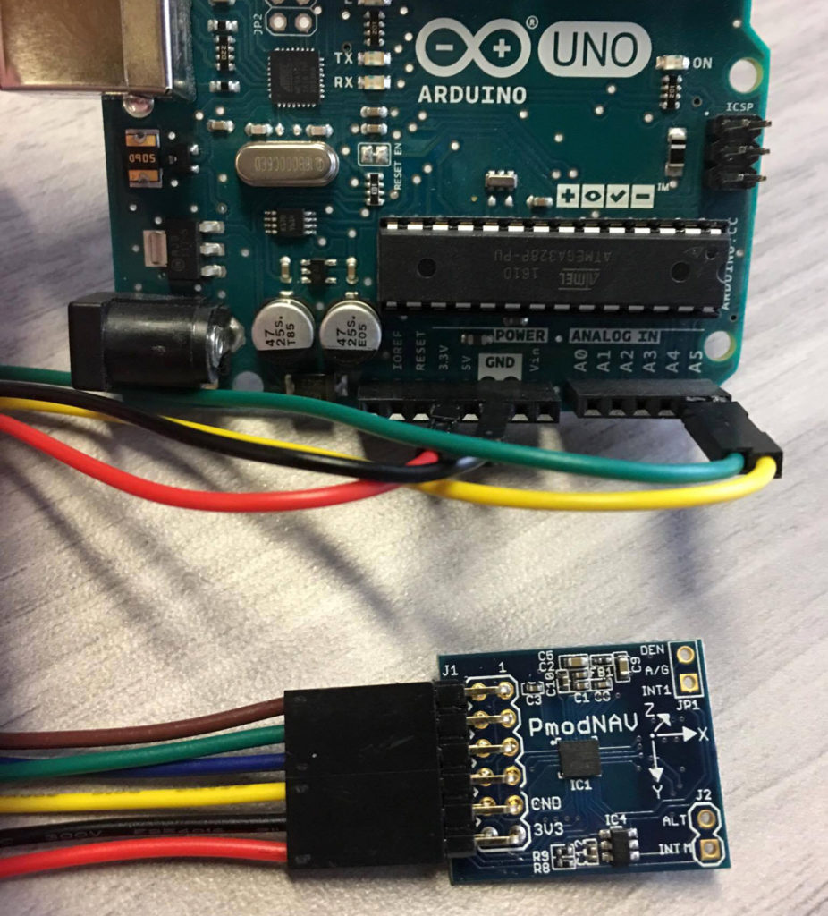 Rys. 2. Moduł PmodNAV podłączony pod Arduino UNO. Rys. 2. Moduł PmodNAV podłączony pod Arduino UNO.