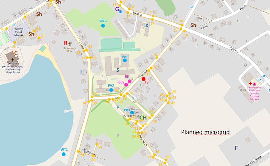  Mapa planowanych lokalizacji obiekt&oacute;w oraz linii elektroenergetycznych w ramach nowo projektowanej struktury mikrosieci w Puńsku - przed testami