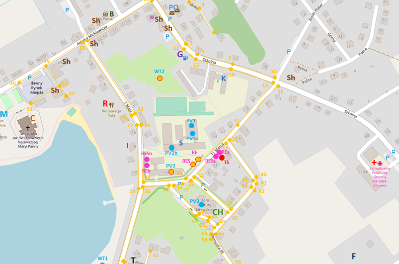 Mapa możliwej lokalizacji obiekt&oacute;w oraz linii elektroenergetycznych w ramach nowo projektowanej struktury mikrosieci w Puńsku - po zweryfikowaniu w programie RIGRID