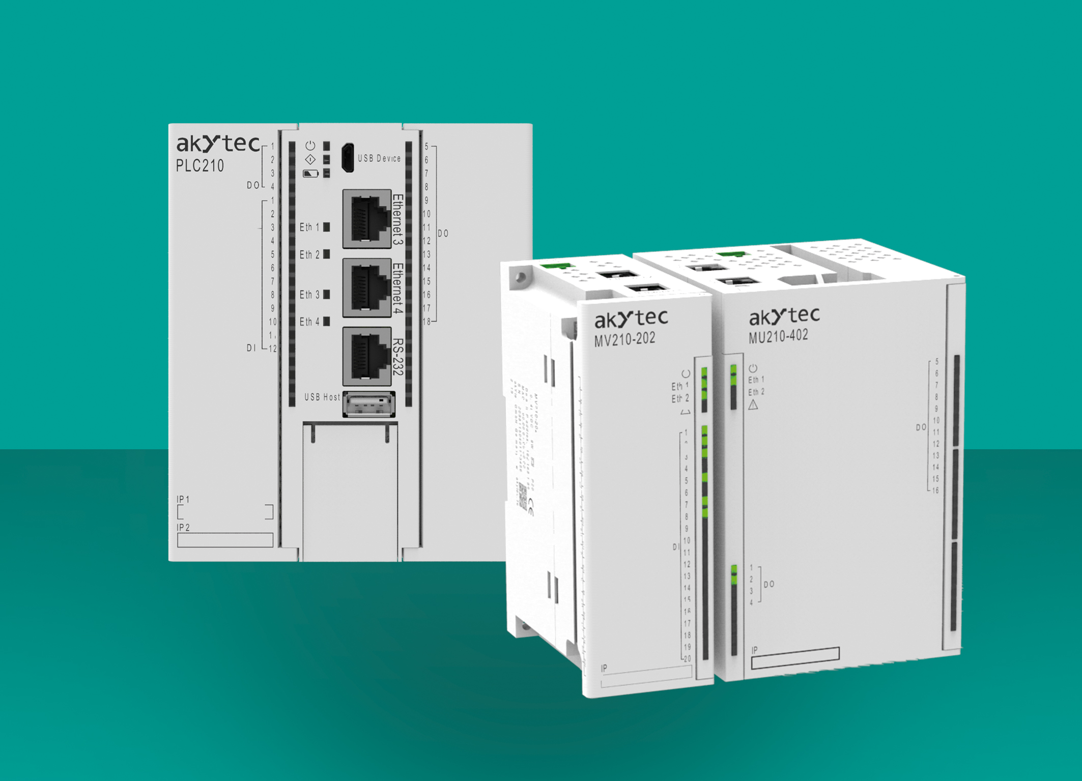 Od utworzenia serwera WWW do połączenia w chmurze: PLC210 (po lewej) obsługuje wiele protokoł&oacute;w i tym samym oferuje wiele możliwości. Ethernetowe moduły I/O serii MX210 oferują złącza wejściowe i o częstotliwości do 100 kHz