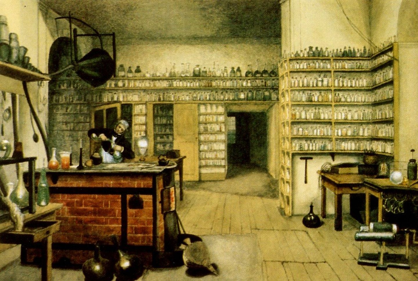 Rys. 3. Michael Faraday w swoim laboratorium &ndash; akwarela Harrieta Moorea [3]