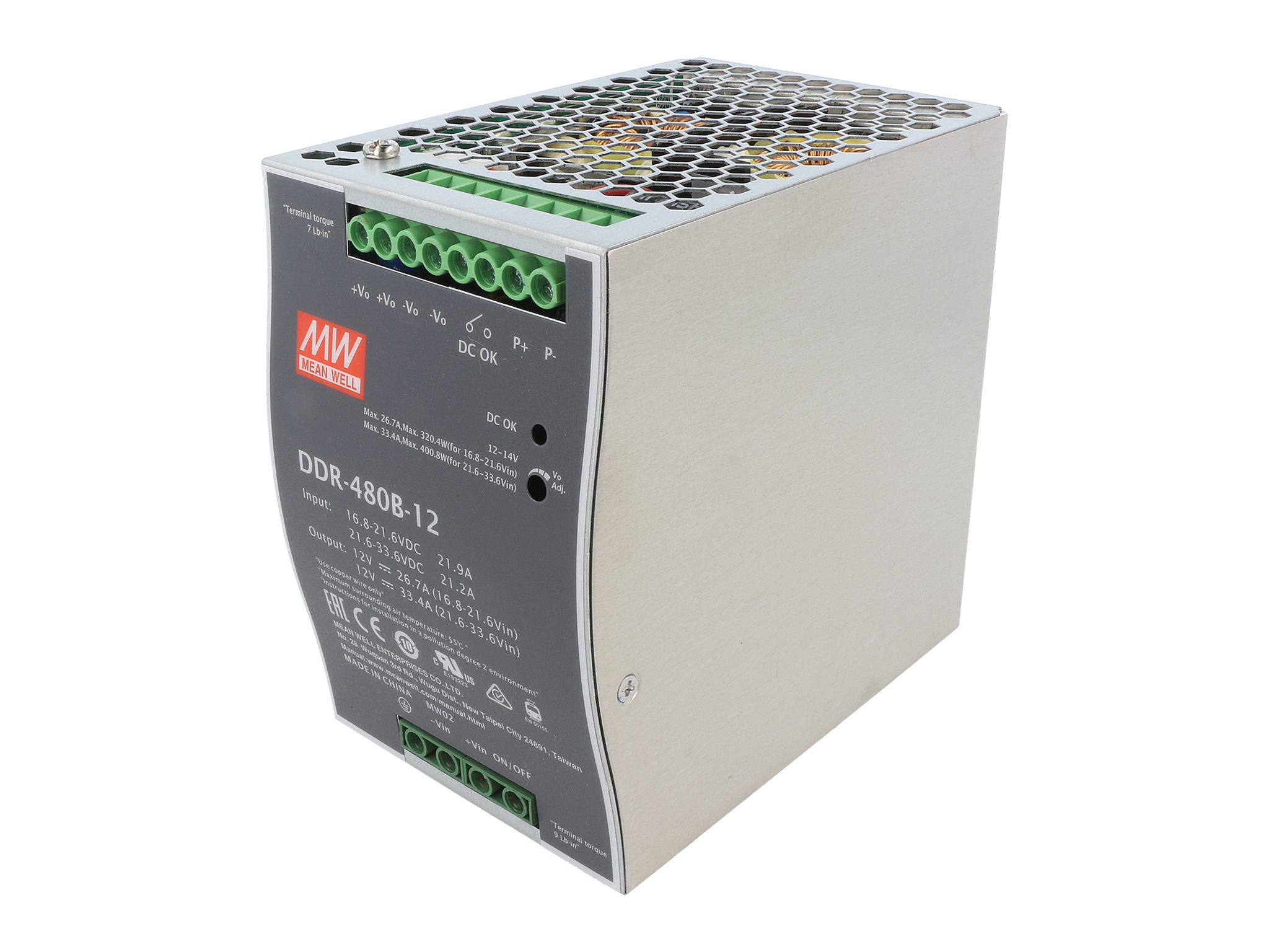 Metalowa, perforowana obudowa pozwala na pasywne chłodzenie przetwornicy. DDR-480B-12