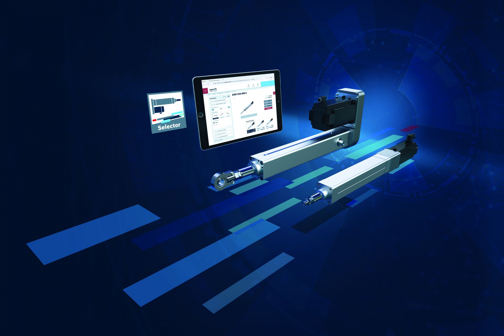 Konfigurator cylindrów elektromechanicznych, który jest zintegrowany ze stroną internetową, znacznie przyspiesza proces projektowania. Wkrótce zostaną udostępnione dodatkowe konfiguratory. (Źródło ilustracji: Bosch Rexroth AG)