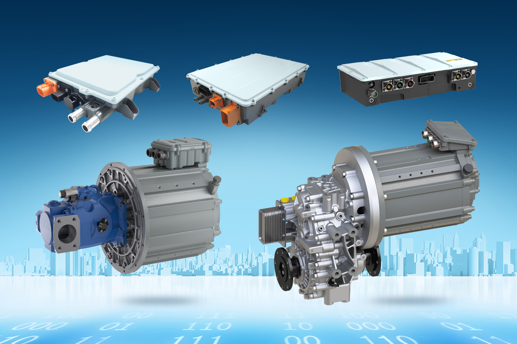Firma Bosch Rexroth wspiera kompleksową elektryfikację samobieżnych maszyn roboczych: modułowa i skalowalna platforma eLION obejmuje bardzo szeroki zakres produktów, od silników elektrycznych, falowników i przekładni mechanicznych po oprogramowanie, akcesoria i niezbędną hydraulikę siłową. (Źródło ilustracji: Bosch Rexroth AG)