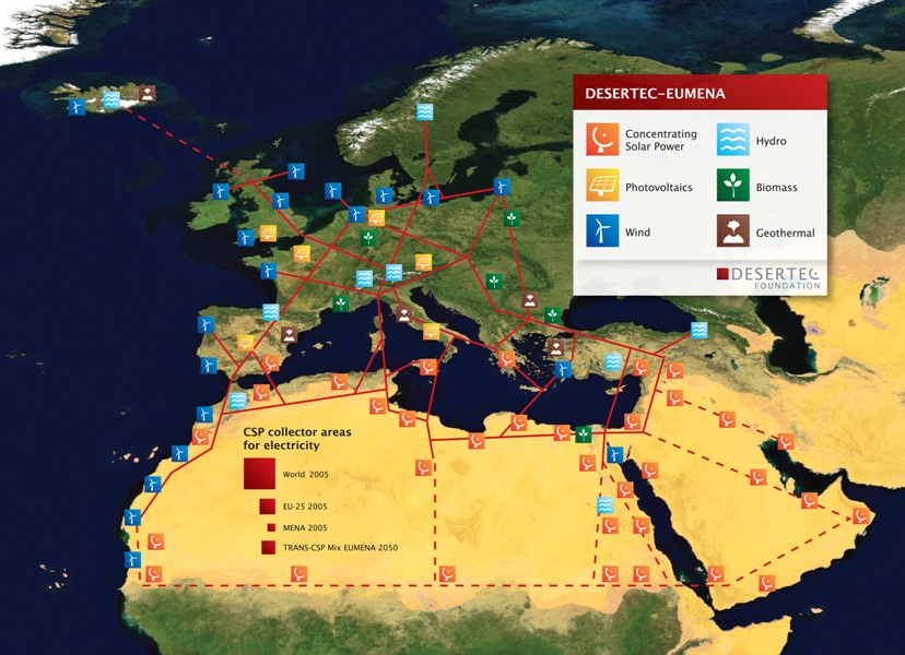 Mapa możliwej infrastruktury dostaw energii odnawialnej dla Europy, Bliskiego Wschodu i Afryki Północnej w ramach projektu DESERTEC