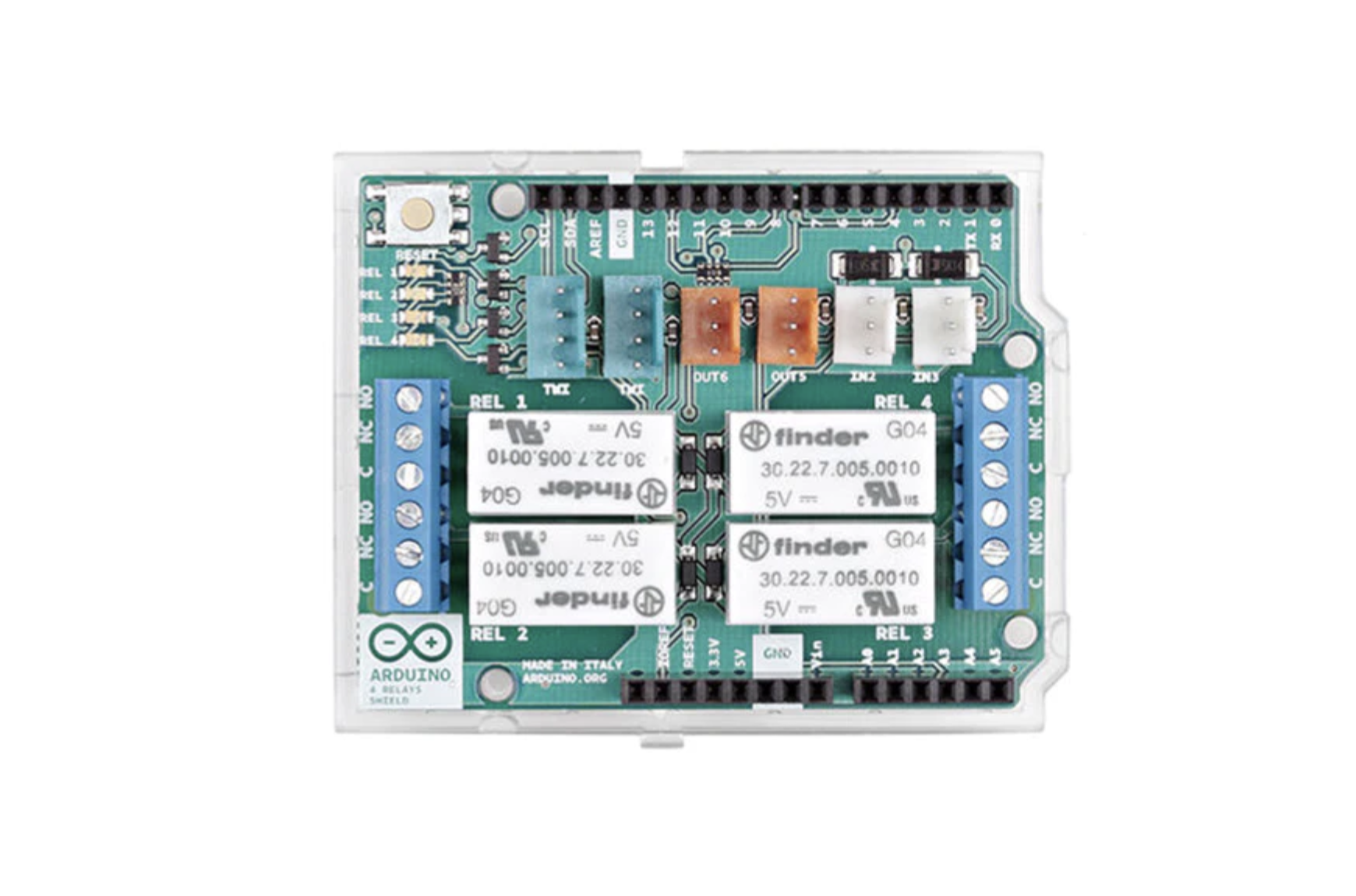 Arduino 4 Relays Shield umożliwia sterowanie obciążeniami o większej mocy niż pozwalają na to wyjścia cyfrowe (źr&oacute;dło: Arduino)