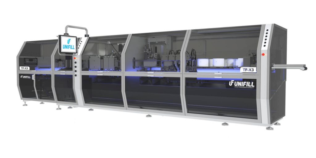Pionowa maszyna termoformująca TF-X3 firmy UNIFILL do napełniania jednorazowych opakowań produktami płynnymi i półstałymi, przeznaczona dla przemysłu spożywczego i niespożywczego (Źródło ilustracji: UNIFILL Srl)