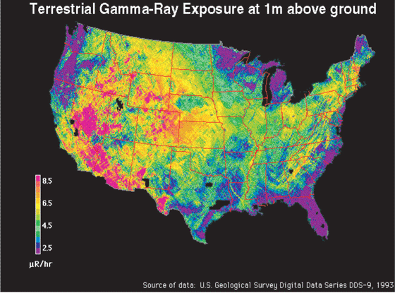Narażenie na ziemskie promieniowanie gamma na wysokości 1 m nad ziemią w USA