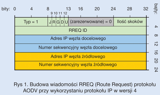 Rys 1. Budowa wiadomości RREQ (Route Request) protokołu AODV przy wykorzystaniu protokołu IP w wersji 4