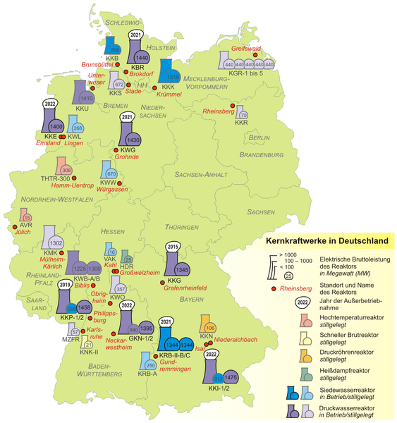 Elektrownie jądrowe w Niemczech w 2011 r., źródło: Wikimedia Commons (CC) Elektrownie jądrowe w Niemczech 2011