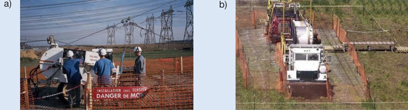 Rys. 4. Przykład ekwipotencjalnego stanowiska maszyn do wymiany przewod&oacute;w:  a) brygady francuskiej, b) amerykańskiej brygady przy pracy na linii 345 kV [13]