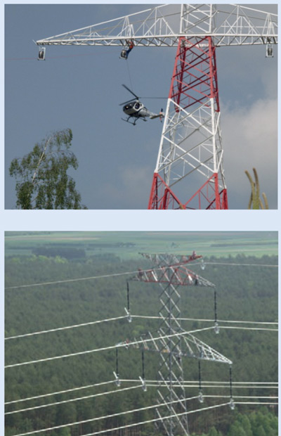 Rys. 7. Wykorzystanie śmigłowca do wciągania liny wstępnej i montażu przewod&oacute;w na linii budowanej w terenie leśnym (fot. E. Piechoczek) [15]