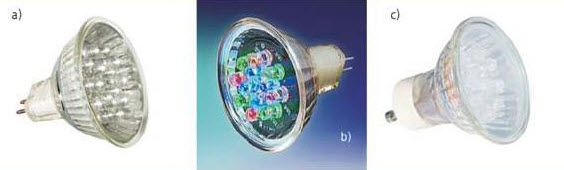 Przykładowe zamienniki żar&oacute;wki halogenowej w wersji LED: a) 1 W, 12V, b) 1W, 12V, c) 1,5 W, 230 V [7]