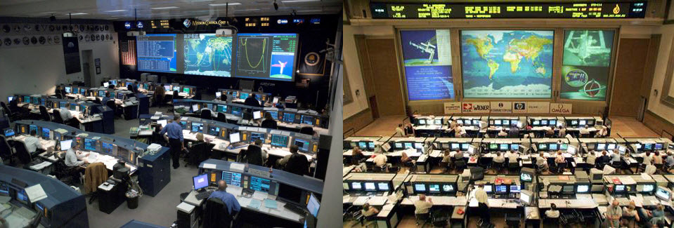 Rys. 7. Sala kontroli lot&oacute;w kosmicznych: a) USA (NASA), b) Rosja