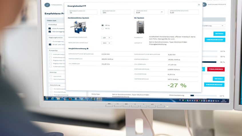 Wirtualne projektowanie i konfiguracja rozwiązań Sytronix z automatycznym wyliczeniem indywidualnych oszczędności energii w porównaniu z napędami o stałej prędkości. (Źródło ilustracji: Bosch Rexroth AG)