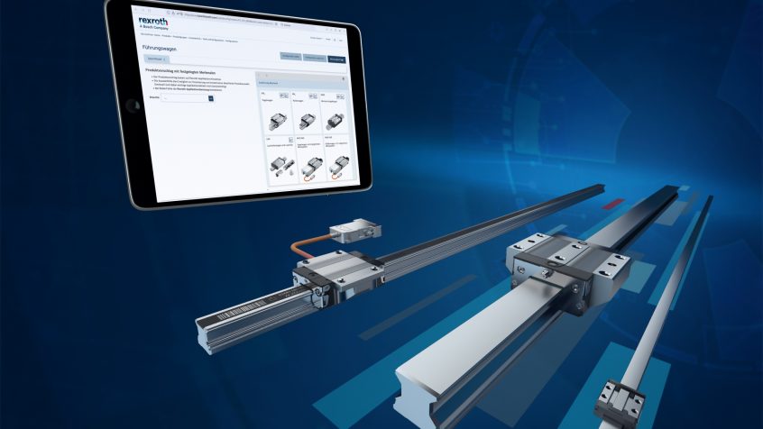 Projektowanie cyfrowe z prostymi opcjami wyboru i konfiguracji: firma Bosch Rexroth rozszerzyła swój konfigurator online o kulkowe i wałeczkowe prowadnice szynowe. (Źródło ilustracji: Bosch Rexroth AG)
