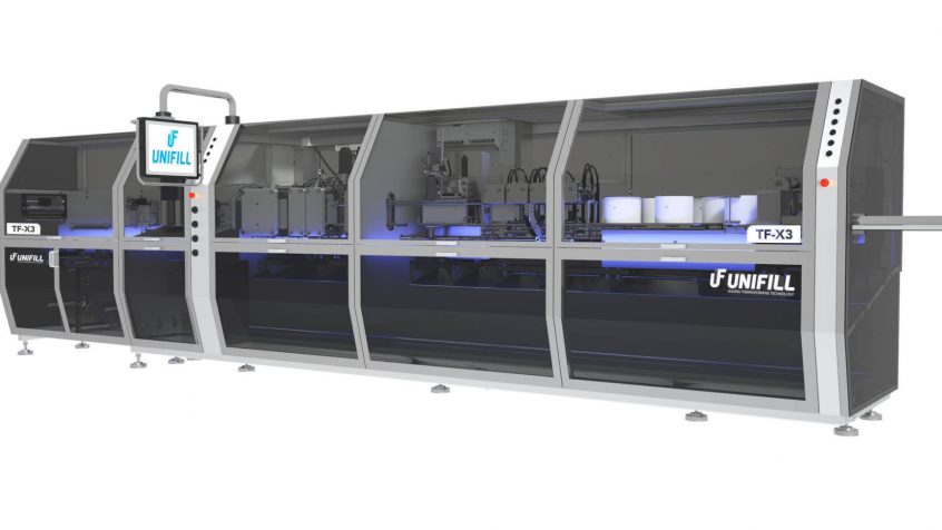 Pionowa maszyna termoformująca TF-X3 firmy UNIFILL do napełniania jednorazowych opakowań produktami płynnymi i półstałymi, przeznaczona dla przemysłu spożywczego i niespożywczego (Źródło ilustracji: UNIFILL Srl)