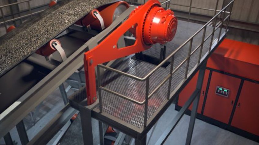 Przenośnik taśmowy z zainstalowanym bezpośrednim napędem hydraulicznym.